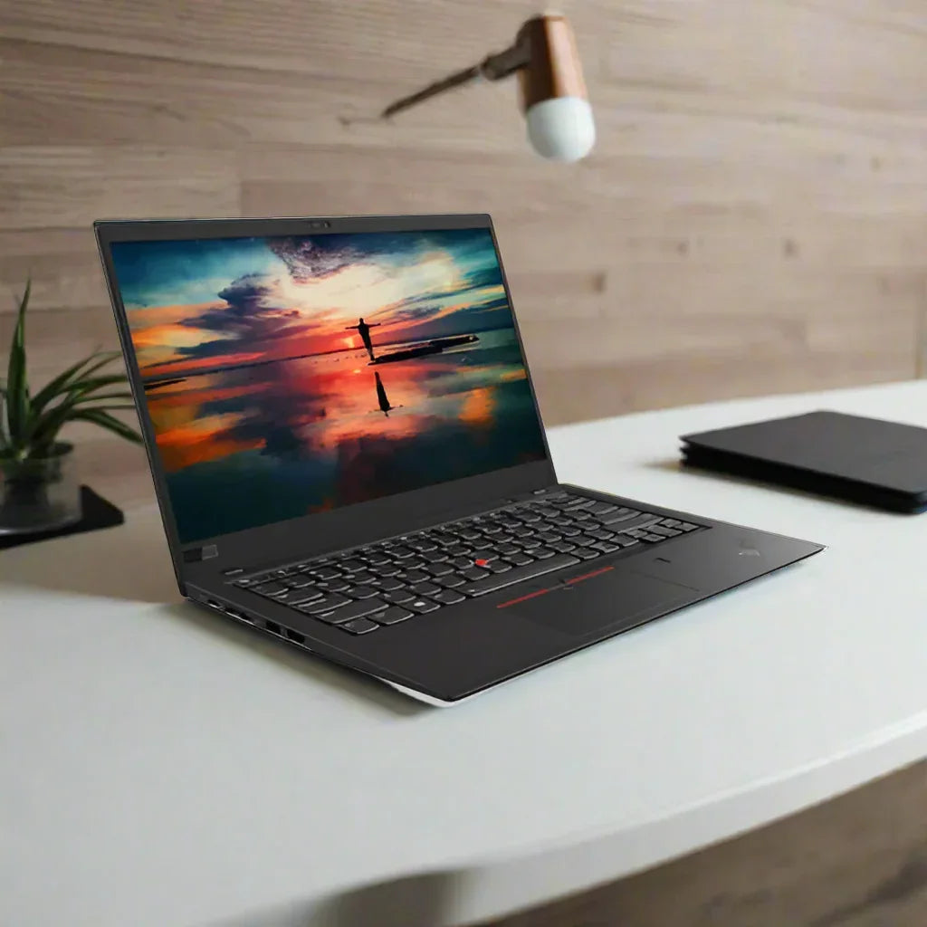 A certified refurbished Lenovo ThinkPad X1 Carbon G7 i5-8265U laptop with 8GB RAM and 256GB SSD displays a vivid sunset on water. It sits on a white desk beside a plant, notebook, and lamp mounted on the wooden wall.