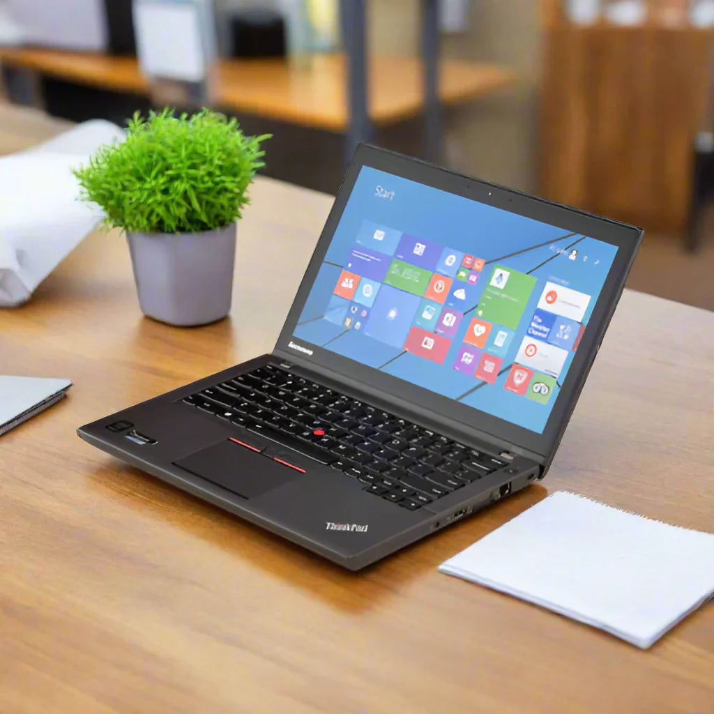 A black certified refurbished Lenovo ThinkPad X250 i5 5300U 2.3GHz 8GB 180GB SSD 12.5 laptop sits on a wooden desk beside a green potted plant, white napkin, and rolled-up white towel. No operating system installed.