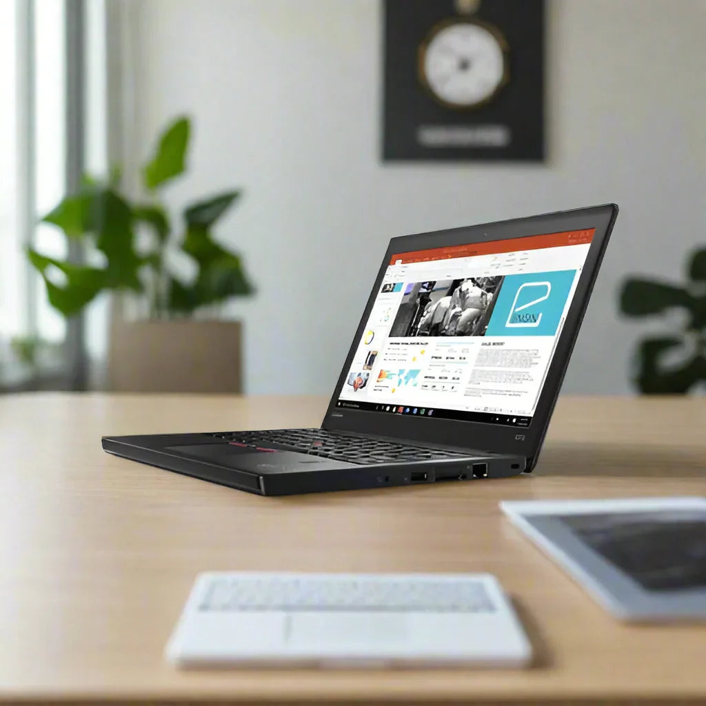 A Lenovo ThinkPad X270 laptop with Intel i5 6300U, 8GB RAM, and 256GB SSD sits open on a wooden desk showing a presentation, with a wireless keyboard and mouse nearby. Green plants and a blurred wall clock are in the background.