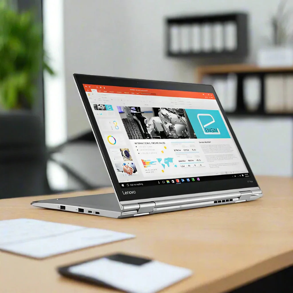 A certified refurbished silver Lenovo ThinkPad X1 Yoga i5 8350U 1.7GHz 8GB 256GB Touch 14 W11P displays a vibrant presentation in tent mode on a modern office desk with papers and a smartphone, ensuring quality and reliability.