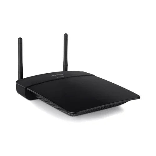 A certified refurbished Linksys WAP300N Wireless-N Dual-Band Access Point by Linksys with two upright antennas is displayed on a white surface, showing off its sleek, curved front design.