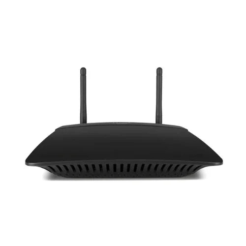 A black Linksys WAP300N Wireless-N Dual-Band Access Point by Linksys, shown from the front with two vertical antennas and ventilation slits at the bottom. This certified refurbished model is set against a white background.