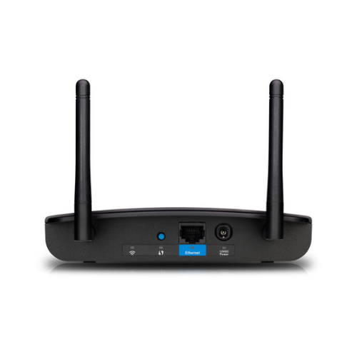 Back view of a certified refurbished Linksys WAP300N Wireless-N Dual-Band Access Point by Linksys, featuring two antennas, visible Ethernet ports, power input, and indicator lights against a white background.