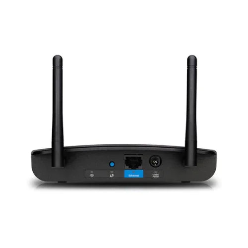 Back view of a certified refurbished Linksys WAP300N Wireless-N Dual-Band Access Point by Linksys, featuring two antennas, visible Ethernet ports, power input, and indicator lights against a white background.