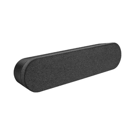 The Logitech 880-000833 Rally Speaker by Logitech, shown against a white background, is a sleek black Bluetooth speaker with rounded edges and a fabric mesh front and sides, delivering crystal-clear audio. Adapter not included.
