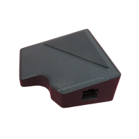 The Logitech TAP Receiver VU0059 Cat5e Kit USB-C Video Conferencing by Logitech is a compact black device with a textured surface, slanted top, and Ethernet port—perfect for streamlined meeting room controller or video conferencing setups.