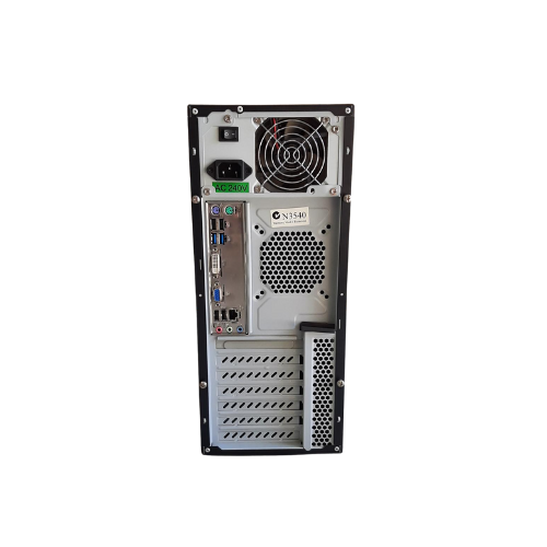 The image shows the back panel of the refurbished MSI MS-7817 SFF desktop with USB, VGA, HDMI, Ethernet, audio jacks, ventilation grills, and top power supply. It features an Intel Core i3-4170 processor (3.7GHz) and 4GB RAM, 1TB HDD.