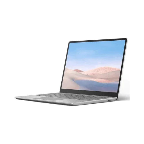 A Microsoft Surface Go Tablet (i5-1035G1, 8GB, 256GB, 12.4" Touch) sits open on a white background, its screen showing sandy hills and a blue sky reflected in water.