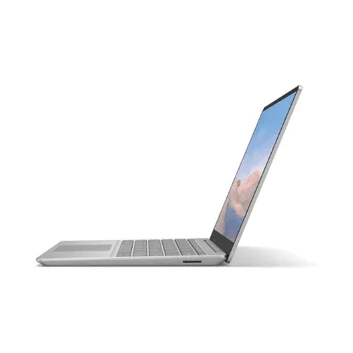 A slim, silver Microsoft Surface Go Tablet with an Intel Core i5-1035G1 is open at a slight angle, viewed from the left side, displaying a pastel background on its 12.4" touch screen against a plain white surface.