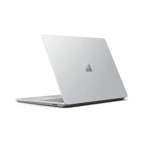A Microsoft Surface Go Tablet with an Intel Core i5-1035G1, 8GB RAM, and 12.4" touchscreen is partially open, viewed from the back left, showing the Microsoft logo on a plain white background.