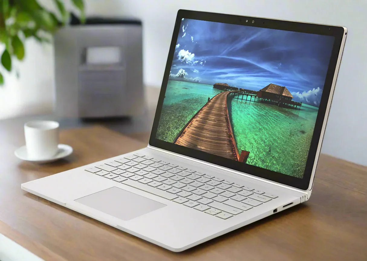 A certified refurbished Microsoft Surface Book i7 6600U 2.6GHz 8GB 256GB 13.5 Touch W10P sits on a wooden desk, displaying a tropical beach scene; a coffee cup and blurred background complete the setup.