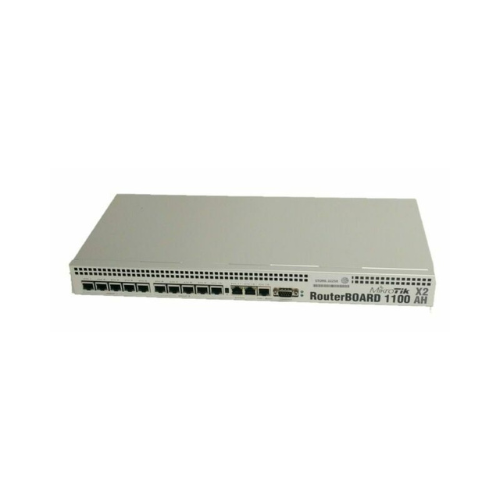 The MikroTik RB1100AHX2 Enterprise Router by MikroTik, featuring 13 Gigabit Ethernet ports and a console port, is displayed from the front on a plain white background.