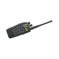 A black Motorola DP3600 Display Portable Two-Way Radio by Motorola with a keypad and screen, control knobs, and a long antenna is shown against a white background.