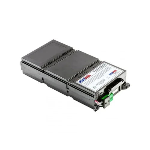 Rectangular black and gray NEW APC 911-1086A Compatible UPS Replacement Battery Pack Cartridge by APC, featuring a white label, electrical connectors, and green latch on one end, shown on a plain white background.