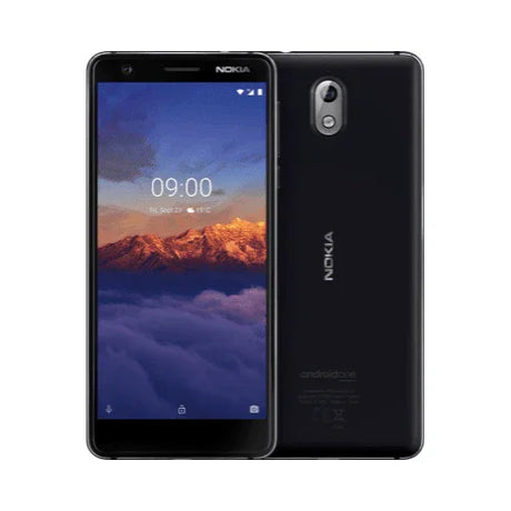 The Nokia 3.1 16GB Black Unlocked Smartphone is shown front and back: the screen displays a mountain scene with a clock, while the rear features a single camera and Nokia branding. Powered by a MediaTek MT6750 processor.