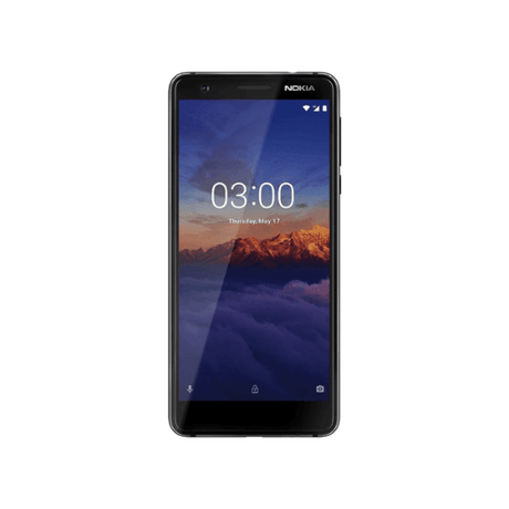A refurbished Nokia 3.1 16GB Black Unlocked Smartphone (AU STOCK, Warranty) displays the time 03:00 and May 17 on a mountain landscape screen—an affordable Nokia device ideal for daily use.