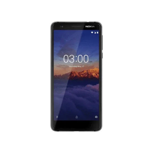 A refurbished Nokia 3.1 16GB Black Unlocked Smartphone (AU STOCK, Warranty) displays the time 03:00 and May 17 on a mountain landscape screen—an affordable Nokia device ideal for daily use.