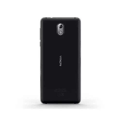 A refurbished Nokia 3.1 16GB Black Unlocked Smartphone (AU STOCK | Wty) is shown from the back with a single rear camera, flash, and centered Nokia logo against a plain white background, highlighting its simple design.