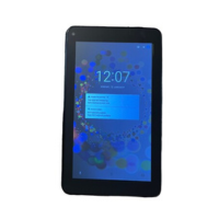 The Ollee M16071A is a certified refurbished 7" black Android tablet with 16GB storage, WiFi, and quad-core MediaTek processor, shown displaying 12:07 and notifications on a blue screen with circular patterns.