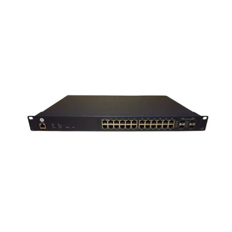 The Open Mesh OM S24V2 is a black, rack-mountable 24-port gigabit PoE+ cloud-managed switch (370W), shown isolated on a white background.