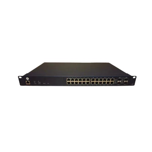 The Open Mesh OM S24V2 is a black, rack-mountable 24-port gigabit PoE+ cloud-managed switch (370W), shown isolated on a white background.