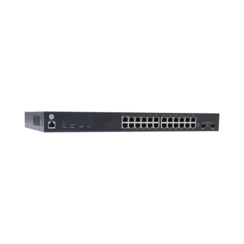 A certified refurbished Open Mesh S24-L 24-Port PoE+ GbE Cloud Managed Switch (250W, warranty) front-facing against a plain white background, showing 24 Ethernet ports and 2 additional side ports.