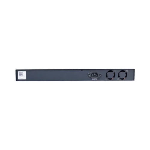 The image displays the back of an Open Mesh S24-L 24-Port PoE+ Gbe Cloud Managed Switch 250W, featuring a power socket, dual cooling fans, and a barcode sticker. The plain, industrial surface showcases its certified refurbished quality.