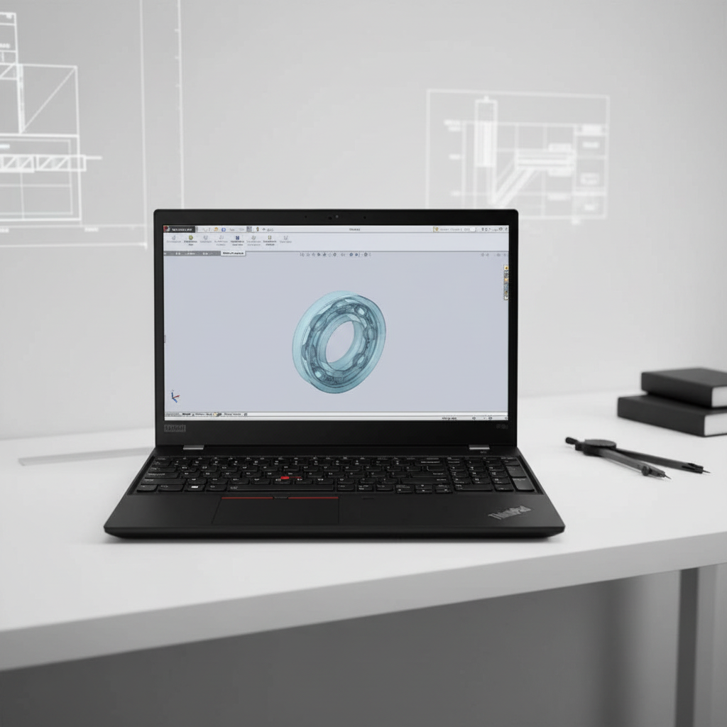 A black refurbished Lenovo ThinkPad P15S G2 with an 11th Gen i7, 32GB RAM, and 512GB SSD is shown on a white background running CAD software displaying a 3D mechanical part.