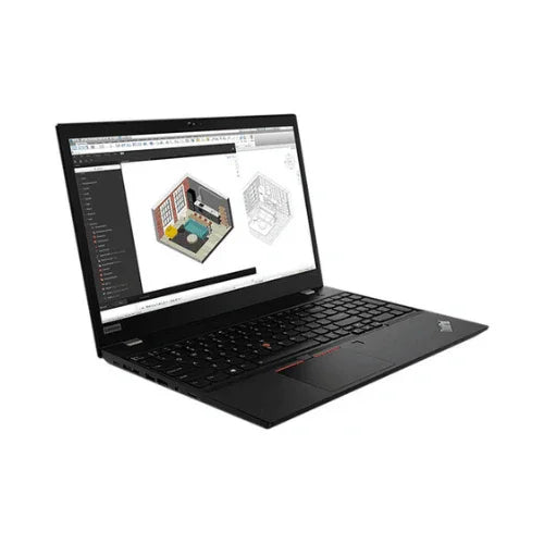 A refurbished Lenovo ThinkPad P15S G2 i7 1185G7, 32GB RAM, 512GB SSD, and 15.6" touch display runs architectural design software with 3D room models on screen, shown angled from the left against a white background.