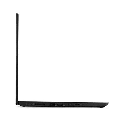 A slim, black refurbished Lenovo ThinkPad P15S G2 i7 1185G7 laptop with 32GB RAM, 512GB SSD, and 15.6" touch display is shown open at a right angle, displaying its side ports against a plain white background.