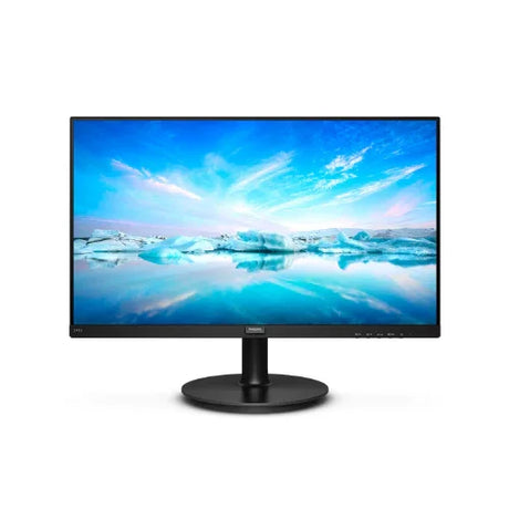 A certified refurbished Philips 241V8 23.8" IPS monitor displays vivid blue sky, clouds, and icy landscape on its Full HD screen with a thin black bezel; stand not included.