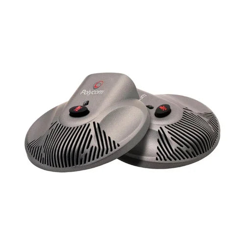 Two Polycom 2201-15855-001 Extended Microphone SoundStation Duo CX3000 units, with black and red buttons and a sleek gray ribbed design, are shown overlapping on a white background—ideal for improved conference room audio.