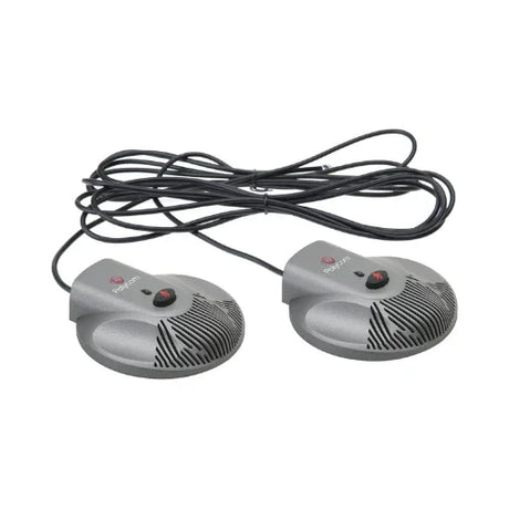 Two round, gray Polycom 2201-15855-001 microphones with black grille patterns and red power buttons, linked by a long black cable—designed for conference room audio as part of the Polycom SoundStation Duo CX3000 Extended Microphone Kit.