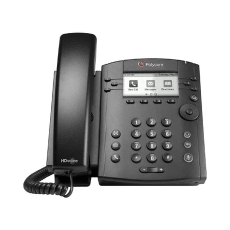 A certified refurbished Polycom VVX300 Business IP VoIP Network SIP Phone in black, featuring a digital display, keypad with number/function buttons, handset with coiled cord, and warranty—ideal for reliable office use.