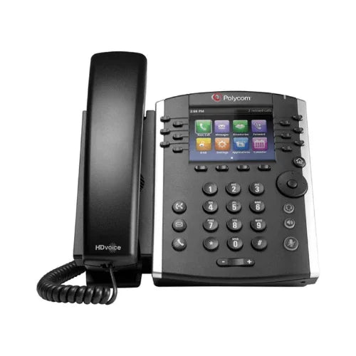A certified refurbished Polycom VVX 410 Business IP Phone by Polycom features a corded handset, numeric keypad, navigation buttons, and a color display with icons for business VoIP functions. Includes 12-line support and Gigabit Ethernet.