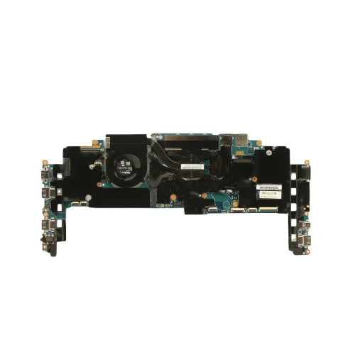 A Lenovo ThinkPad X1 Yoga Gen 1 i7 6600U 16GB Motherboard (model 00JT811) by Lenovo, showing ports, chips, LPDDR3 RAM, and a cooling fan, is isolated on a white background.