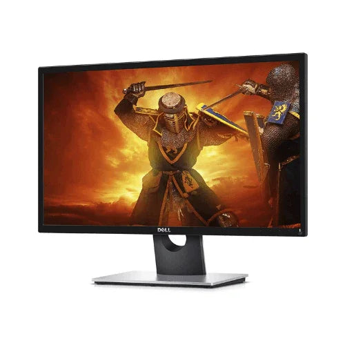 A refurbished Dell SE2417HG 23.6" 1920x1080 monitor shows two armored knights in battle against a fiery backdrop—ideal for gamers wanting immersive visuals on a budget, with HDMI/VGA ports and a 3-month warranty.