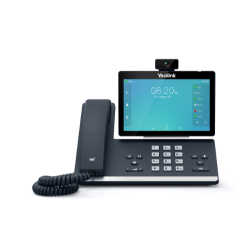 The Yealink SIP-T58A is a certified refurbished 7” Android business IP phone with a touchscreen, handset, number pad, webcam, and 16-line HD support. The display shows time and app icons. Brand: Yealink.