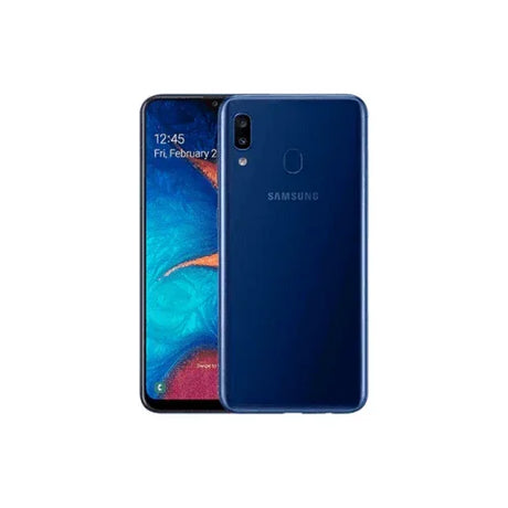 A refurbished Samsung Galaxy A20 SM-A205YN 32GB in blue is shown front and back, featuring a Super AMOLED display, dual rear cameras, and a fingerprint sensor—an affordable unlocked Samsung smartphone option.