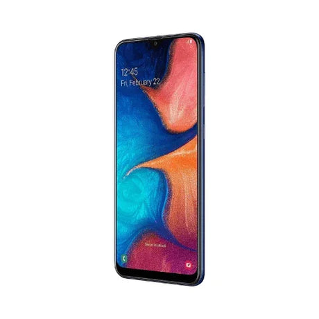 A refurbished blue Samsung Galaxy A20 SM-A205YN 32GB Unlocked Smartphone (CRACK) displays a colorful abstract wallpaper with the date Friday, February 22 and time 12:45 on its Super AMOLED screen against a white background.