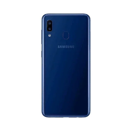 A refurbished blue Samsung Galaxy A20 SM-A205YN 32GB Unlocked Smartphone by Samsung is shown from the back, highlighting dual rear cameras, LED flash, fingerprint sensor, and a glossy finish. Affordable with visible crack.