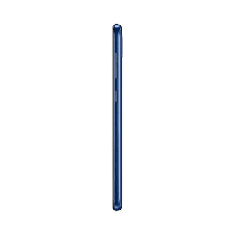 A slim, blue refurbished Samsung Galaxy A20 SM-A205YN 32GB Unlocked Smartphone is shown from the side against a white background, showcasing its thin profile and side buttons—an affordable Samsung device with a vibrant display.