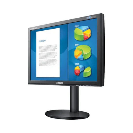 A refurbished Samsung SMB2240W 22 LCD monitor (1680x1050, 5ms, VGA/DVI, no stand) shows a document on the left and vibrant budget pie charts for 2008–2010 on the right over a striking blue background.