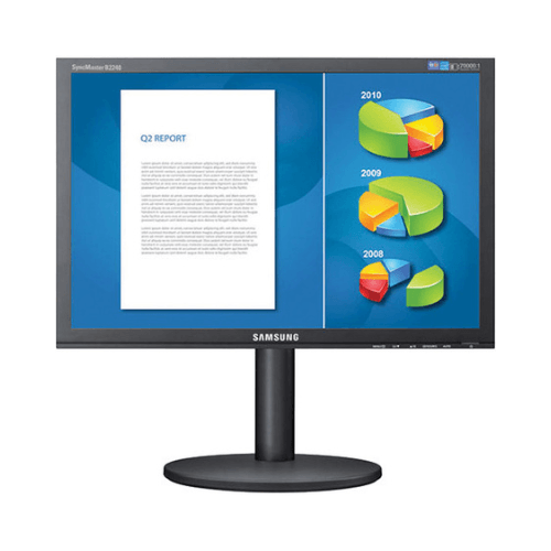 A refurbished Samsung SMB2240W 22 LCD monitor shows a Q2 report on the left and three colorful 3D pie charts for 2010, 2009, and 2008 on the right, all set against a blue background. Monitor is sold with no stand.