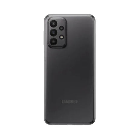A refurbished black Samsung Galaxy A23 SM-A235F 128GB Unlocked Smartphone by Samsung, shown from the back with four cameras and a flash in a rectangle at the top left and a Samsung logo near the bottom center.