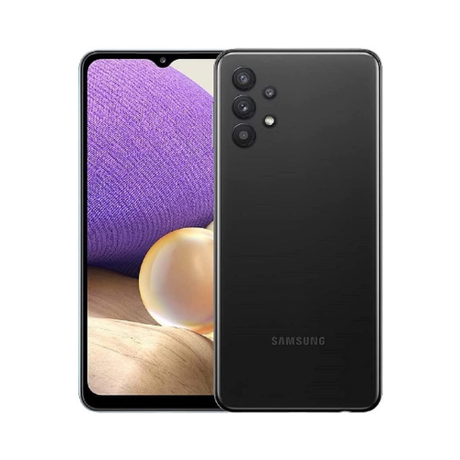 A black Samsung Galaxy A32 SM-A326B 5G 128GB Unlocked Smartphone by Samsung is displayed front and back, showing the vivid screen and four rear cameras with LED flash. This is a certified refurbished 5G device.