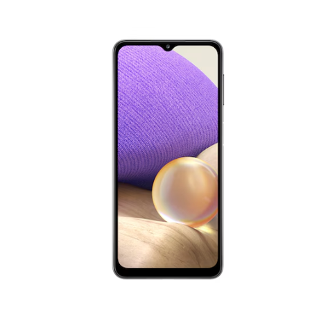 A certified refurbished Samsung Galaxy A32 SM-A326B 5G 128GB Unlocked Smartphone by Samsung features a black frame and a large display with abstract purple, beige, and gold shapes, shown against a plain white background.