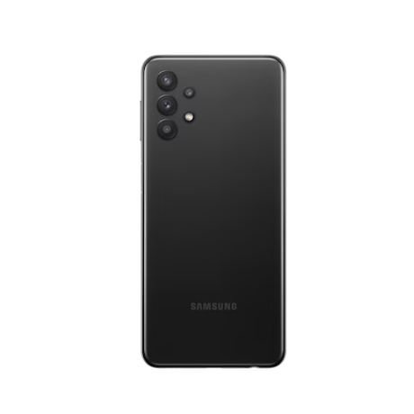 A black Samsung Galaxy A32 SM-A326B 5G 128GB Unlocked Smartphone by Samsung is seen from the back, featuring four rear cameras and an LED flash in the top left corner, with the Samsung logo near the bottom on a white background.