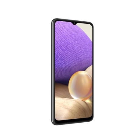 A sleek Samsung Galaxy A32 SM-A326B 5G 128GB Unlocked Smartphone by Samsung is displayed at an angle, featuring a slim black frame and a screen showing abstract purple, beige shapes and a translucent orb on a light background.