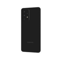 A certified refurbished Samsung Galaxy A33 SM-A336E 128GB Unlocked Smartphone in black with a cracked screen is shown from the back, displaying multiple camera lenses and a flash in the top left corner, plus the Samsung logo near the bottom.